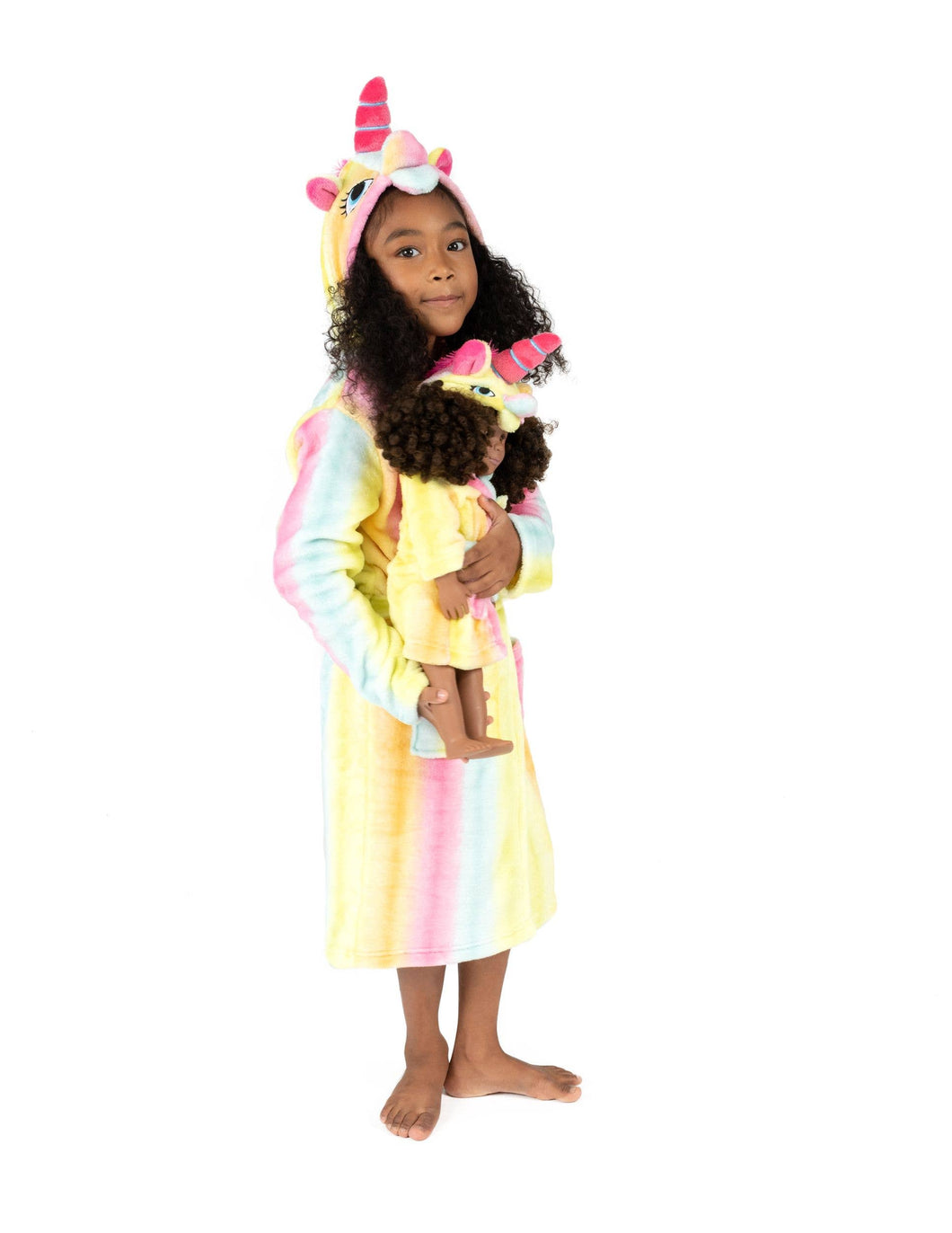 Girl and Doll Fleece Hooded Robe - Rainbow Unicorn